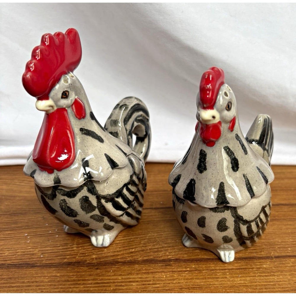 Ceramic Rooster & Hen Salt & Pepper Shaker Cream & Sugar Set 5" Red Gray Black